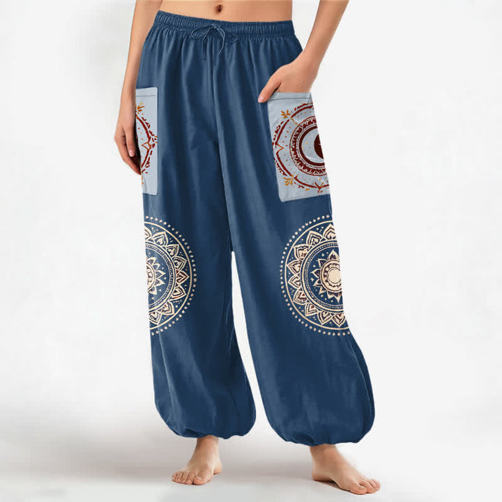 Buddha Stones Baumwoll-Haremshose im Boho-Stil mit Mandala-Mondphasenmuster, elastischem Bund und Seitentaschen - SteelBlue - US16, UK/AU20, EU48 (3XL) - image 10
