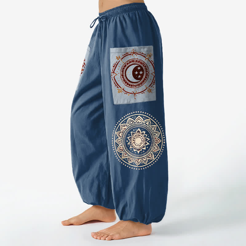 Buddha Stones Baumwoll-Haremshose im Boho-Stil mit Mandala-Mondphasenmuster, elastischem Bund und Seitentaschen - image 11