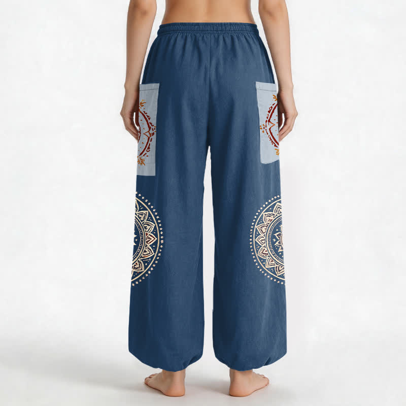 Buddha Stones Baumwoll-Haremshose im Boho-Stil mit Mandala-Mondphasenmuster, elastischem Bund und Seitentaschen - image 12