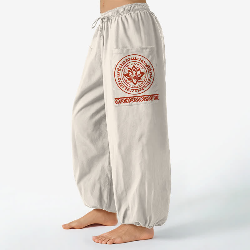 Buddha Stones Haremshose aus Baumwolle mit Lotus-Mandala-Muster, elastischem Bund und Seitentaschen - Beige - US16, UK/AU20, EU48 (3XL) - image 0