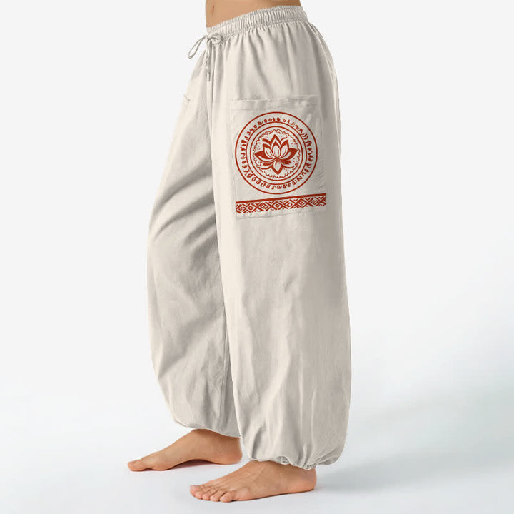 Buddha Stones Haremshose aus Baumwolle mit Lotus-Mandala-Muster, elastischem Bund und Seitentaschen - Beige - US16, UK/AU20, EU48 (3XL) - image 0