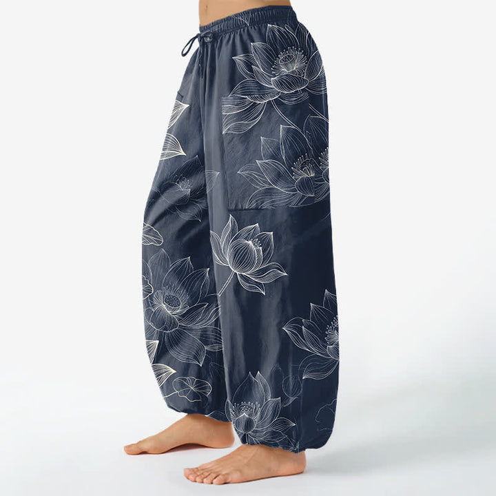 Buddha Stones Baumwoll-Haremshose mit Lotusblumenmuster, elastischem Bund und Seitentaschen - image 8