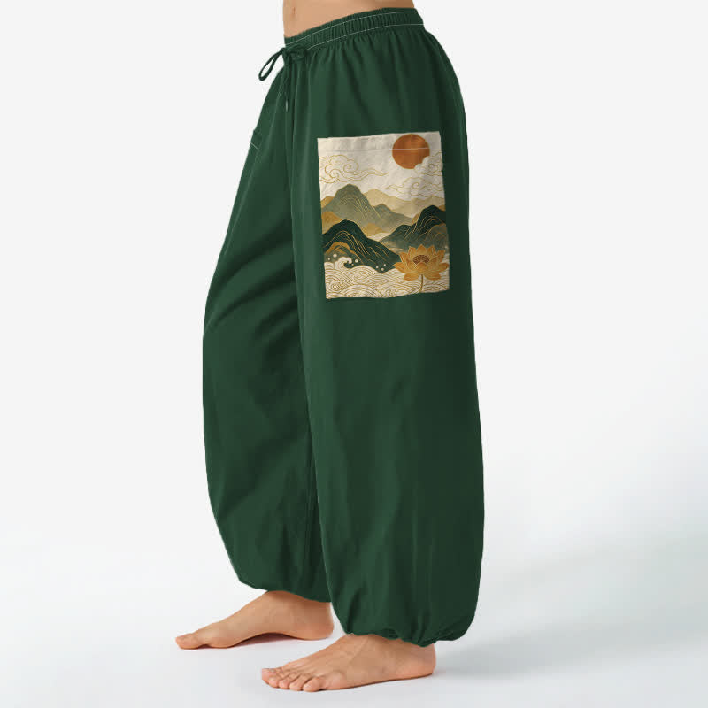 Buddha Stones Baumwoll-Haremshose für Damen mit orientalischem Berg-Lotusmuster, elastischem Bund und Seitentaschen - Waldgrün - US16, UK/AU20, EU48 (3XL) - image 0