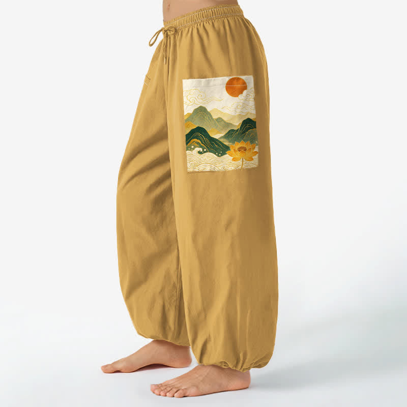 Buddha Stones Baumwoll-Haremshose für Damen mit orientalischem Berg-Lotusmuster, elastischem Bund und Seitentaschen - Goldrute - US16, UK/AU20, EU48 (3XL) - image 7