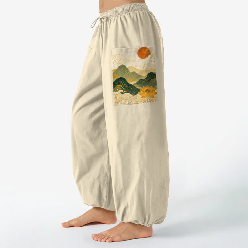 Buddha Stones Baumwoll-Haremshose für Damen mit orientalischem Berg-Lotusmuster, elastischem Bund und Seitentaschen - Beige - US16, UK/AU20, EU48 (3XL) - image 10