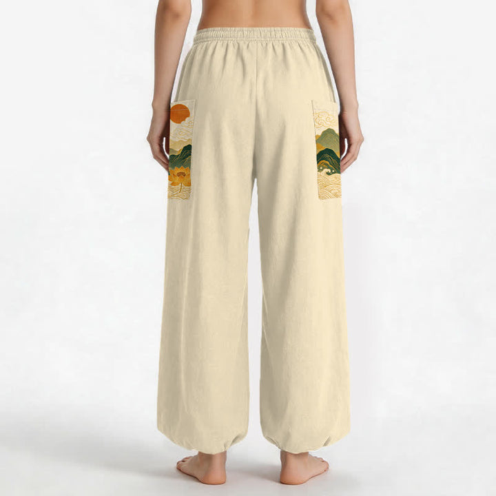 Buddha Stones Baumwoll-Haremshose für Damen mit orientalischem Berg-Lotusmuster, elastischem Bund und Seitentaschen - image 12