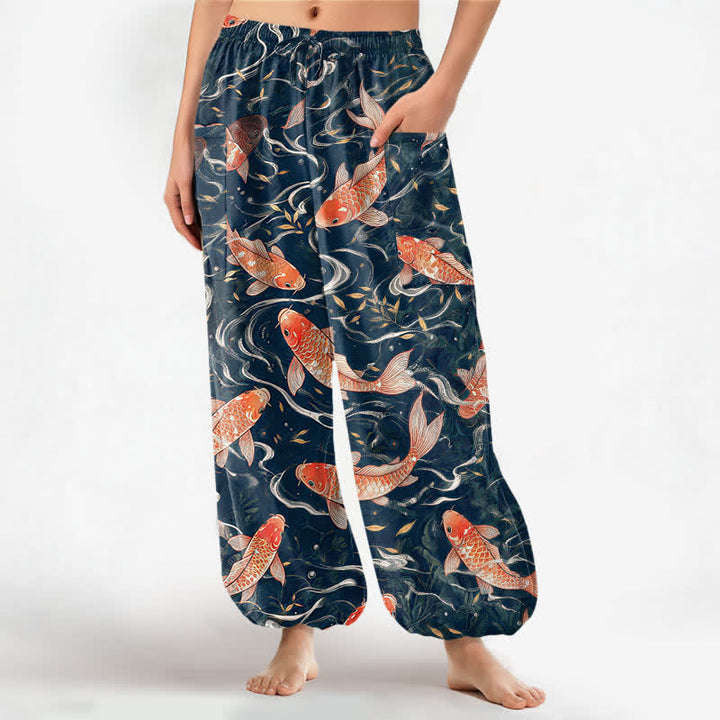 Buddha Stones Baumwoll-Haremshose für Damen mit orientalischem Koi-Wellenmuster, elastischem Bund und Seitentaschen - Dunkelgrau - US16, UK/AU20, EU48 (3XL) - image 0