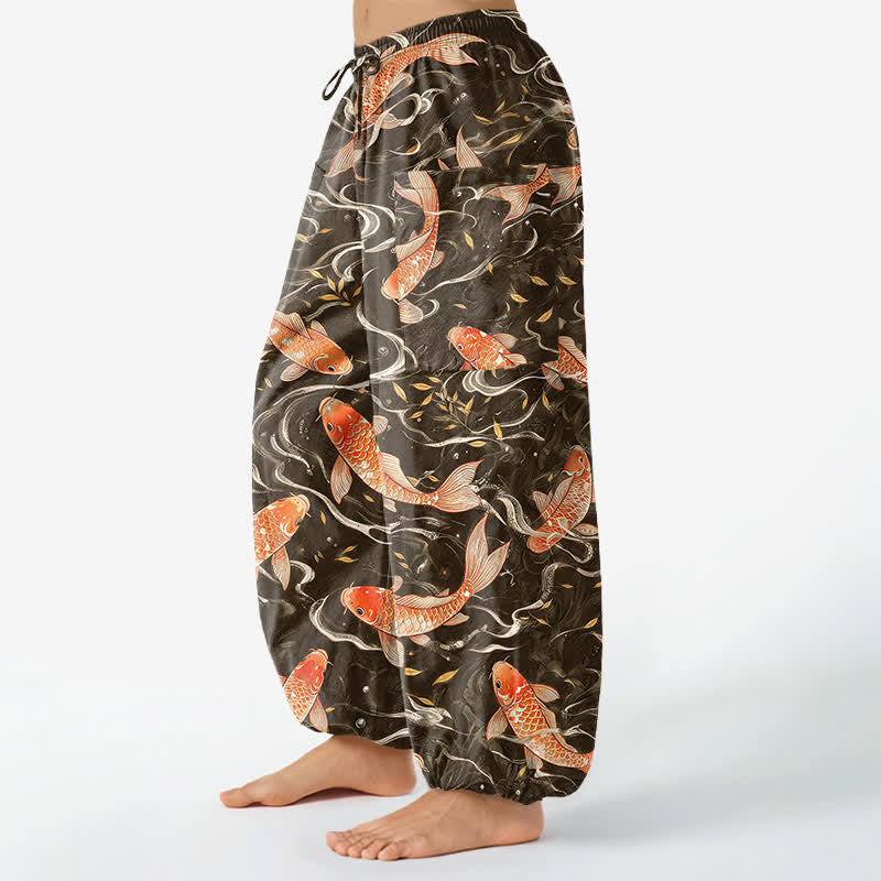 Buddha Stones Baumwoll-Haremshose für Damen mit orientalischem Koi-Wellenmuster, elastischem Bund und Seitentaschen - image 11