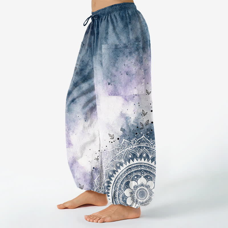 Buddha Stones Baumwoll-Haremshose für Damen mit Aquarell-Ombre-Mandala-Lotusmuster, elastischem Bund und Seitentaschen - image 1