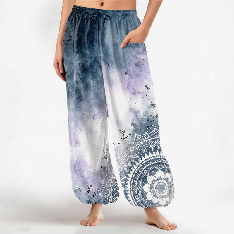 Buddha Stones Baumwoll-Haremshose für Damen mit Aquarell-Ombre-Mandala-Lotusmuster, elastischem Bund und Seitentaschen - SteelBlue - US16, UK/AU20, EU48 (3XL) - image 0
