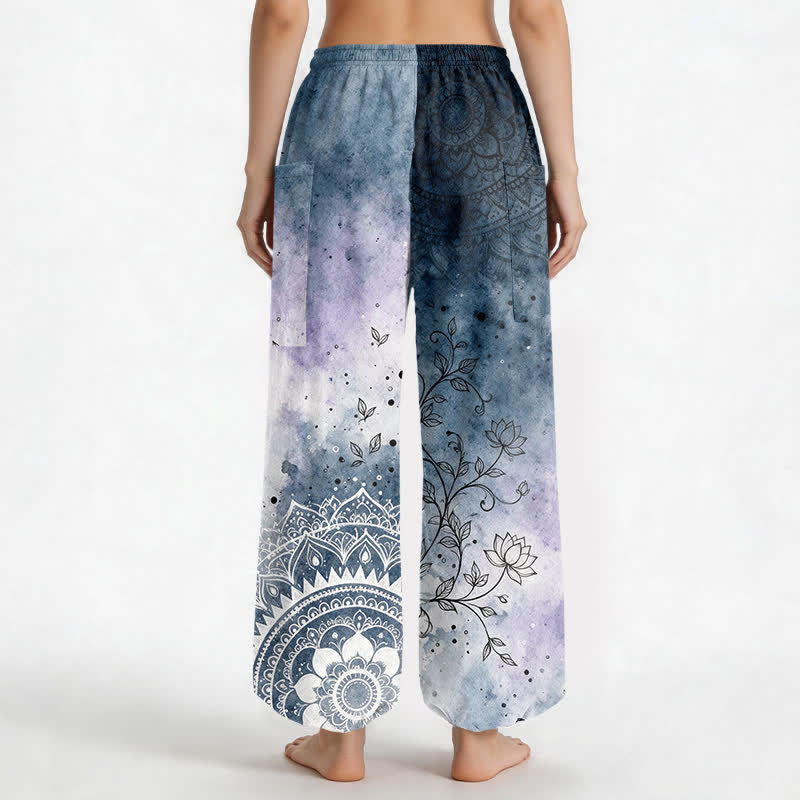 Buddha Stones Baumwoll-Haremshose für Damen mit Aquarell-Ombre-Mandala-Lotusmuster, elastischem Bund und Seitentaschen - image 2