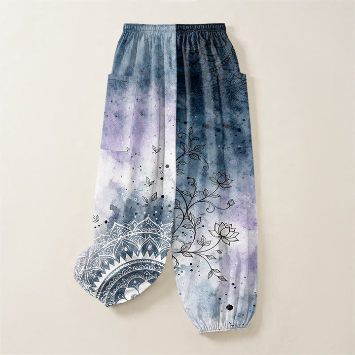 Buddha Stones Baumwoll-Haremshose für Damen mit Aquarell-Ombre-Mandala-Lotusmuster, elastischem Bund und Seitentaschen - image 4