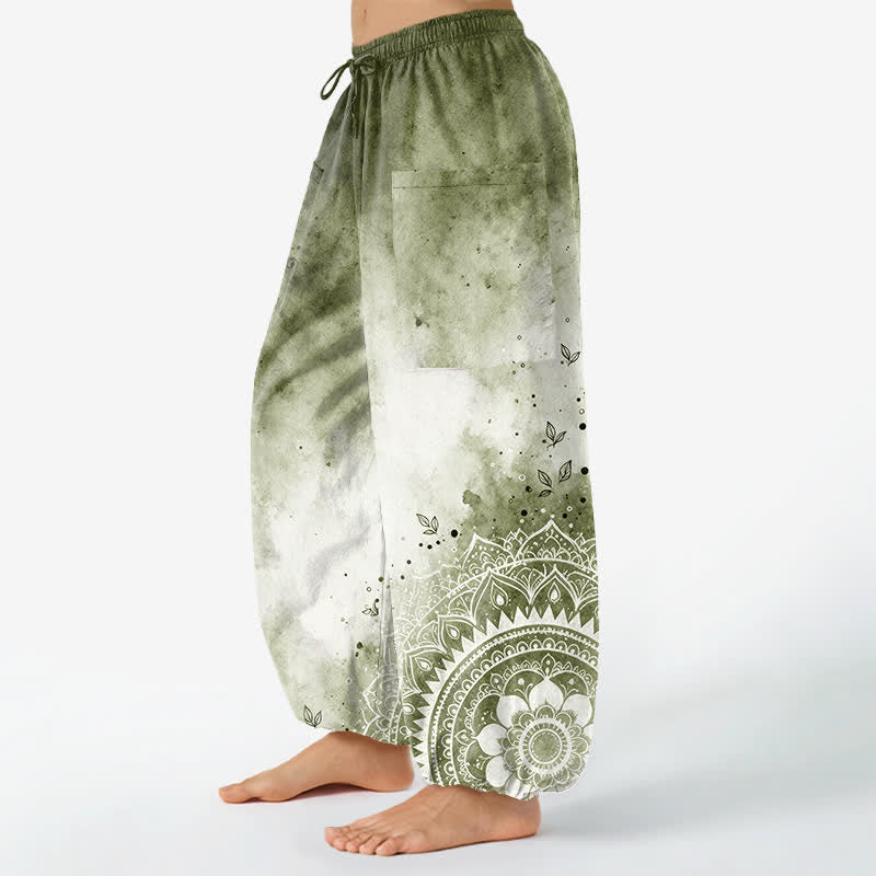 Buddha Stones Baumwoll-Haremshose für Damen mit Aquarell-Ombre-Mandala-Lotusmuster, elastischem Bund und Seitentaschen - image 8