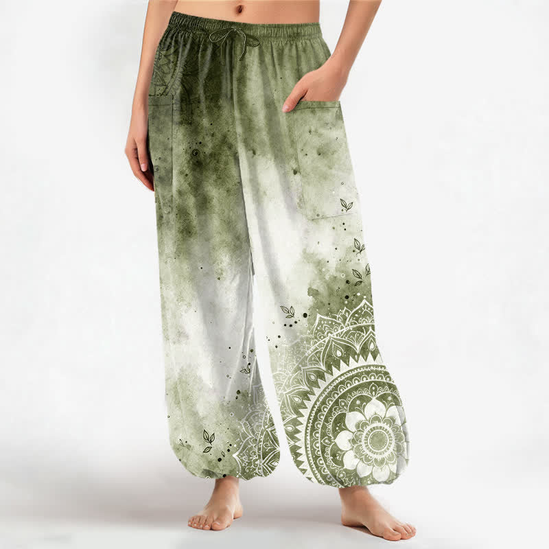 Buddha Stones Baumwoll-Haremshose für Damen mit Aquarell-Ombre-Mandala-Lotusmuster, elastischem Bund und Seitentaschen - Gelbgrün - US16, UK/AU20, EU48 (3XL) - image 7