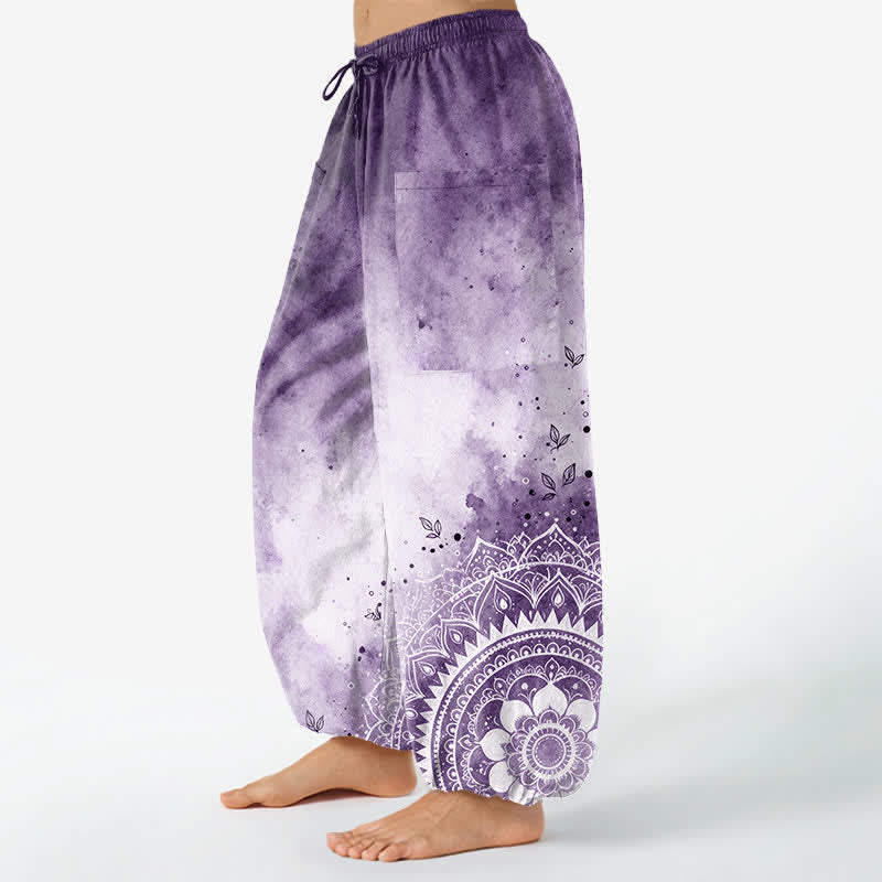 Buddha Stones Baumwoll-Haremshose für Damen mit Aquarell-Ombre-Mandala-Lotusmuster, elastischem Bund und Seitentaschen - image 11