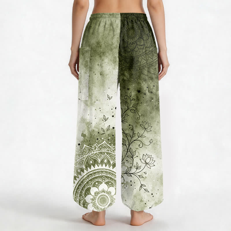 Buddha Stones Baumwoll-Haremshose für Damen mit Aquarell-Ombre-Mandala-Lotusmuster, elastischem Bund und Seitentaschen - image 9
