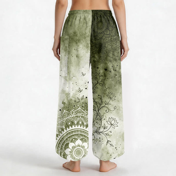 Buddha Stones Baumwoll-Haremshose für Damen mit Aquarell-Ombre-Mandala-Lotusmuster, elastischem Bund und Seitentaschen - image 9