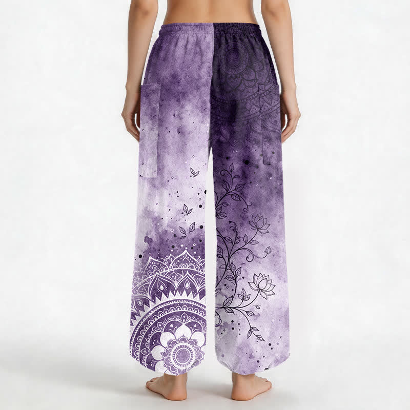 Buddha Stones Baumwoll-Haremshose für Damen mit Aquarell-Ombre-Mandala-Lotusmuster, elastischem Bund und Seitentaschen - image 12