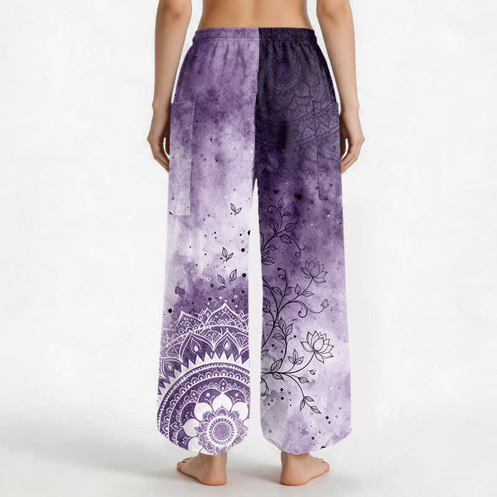 Buddha Stones Baumwoll-Haremshose für Damen mit Aquarell-Ombre-Mandala-Lotusmuster, elastischem Bund und Seitentaschen - image 12