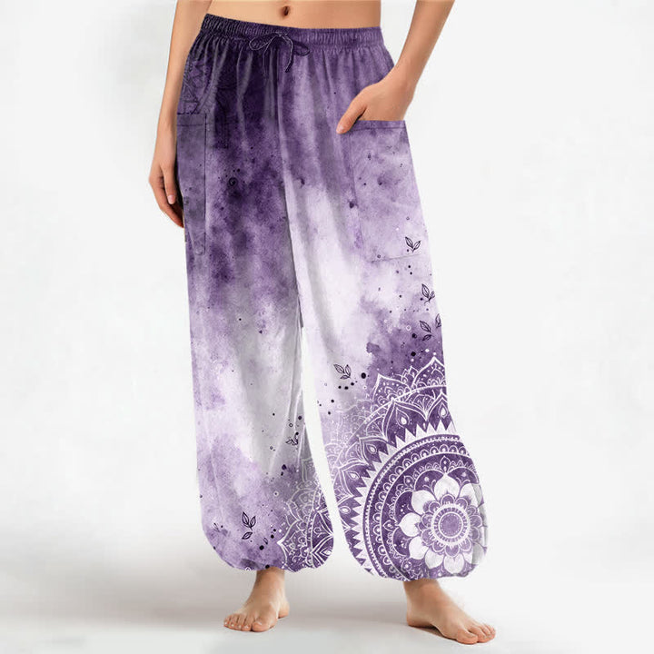 Buddha Stones Baumwoll-Haremshose für Damen mit Aquarell-Ombre-Mandala-Lotusmuster, elastischem Bund und Seitentaschen - DarkOrchid - US16, UK/AU20, EU48 (3XL) - image 10