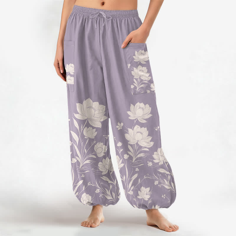 Buddha Stones Baumwoll-Haremshose für Damen mit Vintage-Lotusblütenmuster, elastischem Bund und Seitentaschen - Distel - US16, UK/AU20, EU48 (3XL) - image 0