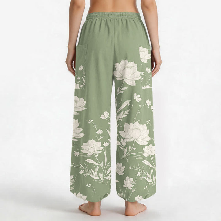 Buddha Stones Baumwoll-Haremshose für Damen mit Vintage-Lotusblütenmuster, elastischem Bund und Seitentaschen - image 9