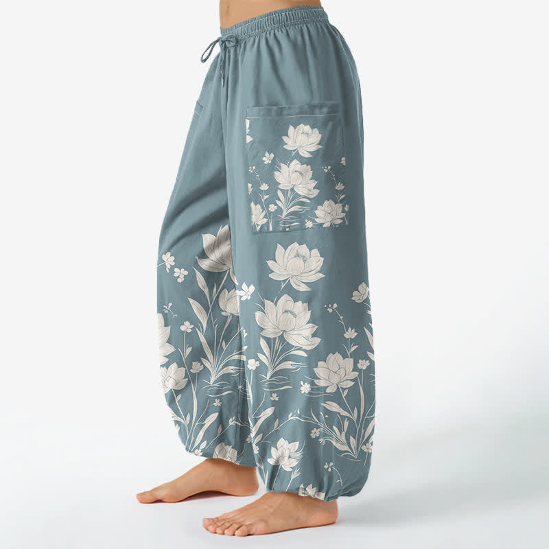 Buddha Stones Baumwoll-Haremshose für Damen mit Vintage-Lotusblütenmuster, elastischem Bund und Seitentaschen - image 11