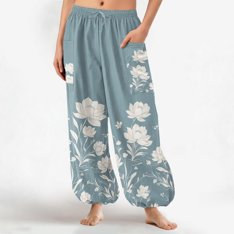 Buddha Stones Baumwoll-Haremshose für Damen mit Vintage-Lotusblütenmuster, elastischem Bund und Seitentaschen - Hellblau - US16, UK/AU20, EU48 (3XL) - image 10