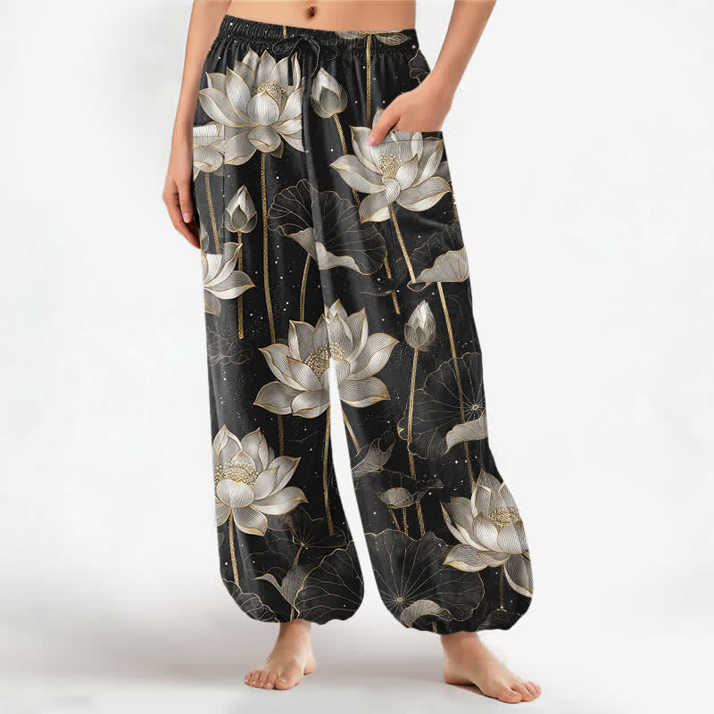 Buddha Stones Baumwoll-Haremshose für Damen mit orientalischem Lotusblumenmuster, elastischem Bund und Seitentaschen - Schwarz - US16, UK/AU20, EU48 (3XL) - image 0