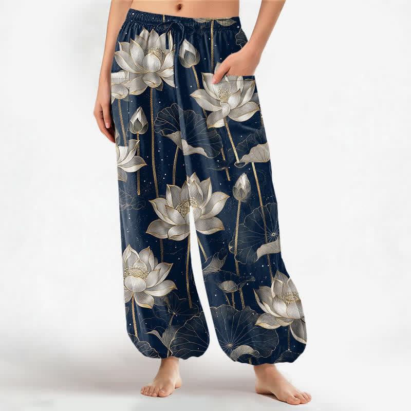 Buddha Stones Baumwoll-Haremshose für Damen mit orientalischem Lotusblumenmuster, elastischem Bund und Seitentaschen - Marine - US16, UK/AU20, EU48 (3XL) - image 7