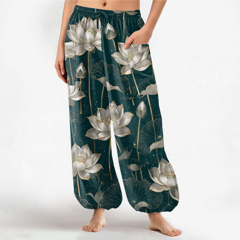 Buddha Stones Baumwoll-Haremshose für Damen mit orientalischem Lotusblumenmuster, elastischem Bund und Seitentaschen - Türkis - US16, UK/AU20, EU48 (3XL) - image 10