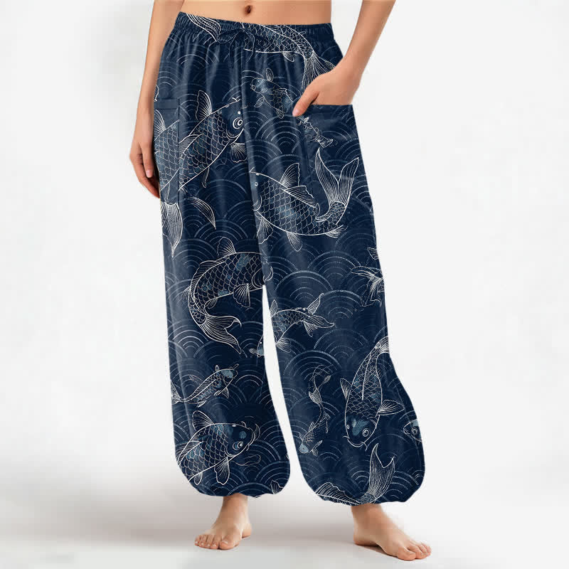 Buddha Stones Baumwoll-Haremshose mit Zen-Koi-Ripple-Muster, elastischem Bund und Seitentaschen für Damen - Marine - US16, UK/AU20, EU48 (3XL) - image 0