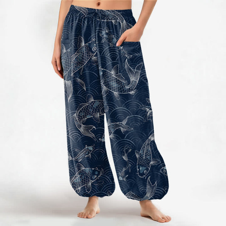 Buddha Stones Baumwoll-Haremshose mit Zen-Koi-Ripple-Muster, elastischem Bund und Seitentaschen für Damen - Marine - US16, UK/AU20, EU48 (3XL) - image 0