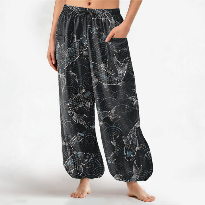 Buddha Stones Baumwoll-Haremshose mit Zen-Koi-Ripple-Muster, elastischem Bund und Seitentaschen für Damen - Schwarz - US16, UK/AU20, EU48 (3XL) - image 7