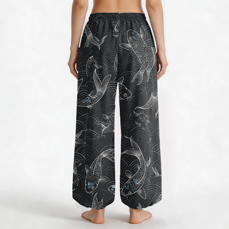 Buddha Stones Baumwoll-Haremshose mit Zen-Koi-Ripple-Muster, elastischem Bund und Seitentaschen für Damen - image 9
