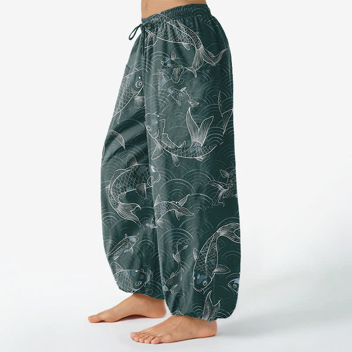 Buddha Stones Baumwoll-Haremshose mit Zen-Koi-Ripple-Muster, elastischem Bund und Seitentaschen für Damen - image 11