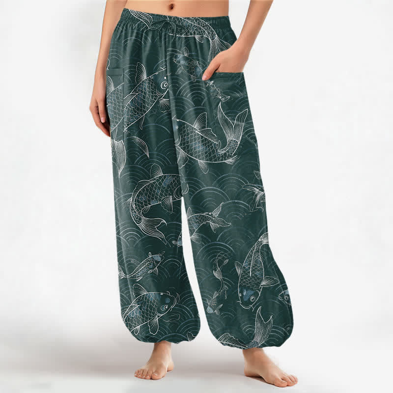 Buddha Stones Baumwoll-Haremshose mit Zen-Koi-Ripple-Muster, elastischem Bund und Seitentaschen für Damen - Türkis - US16, UK/AU20, EU48 (3XL) - image 10