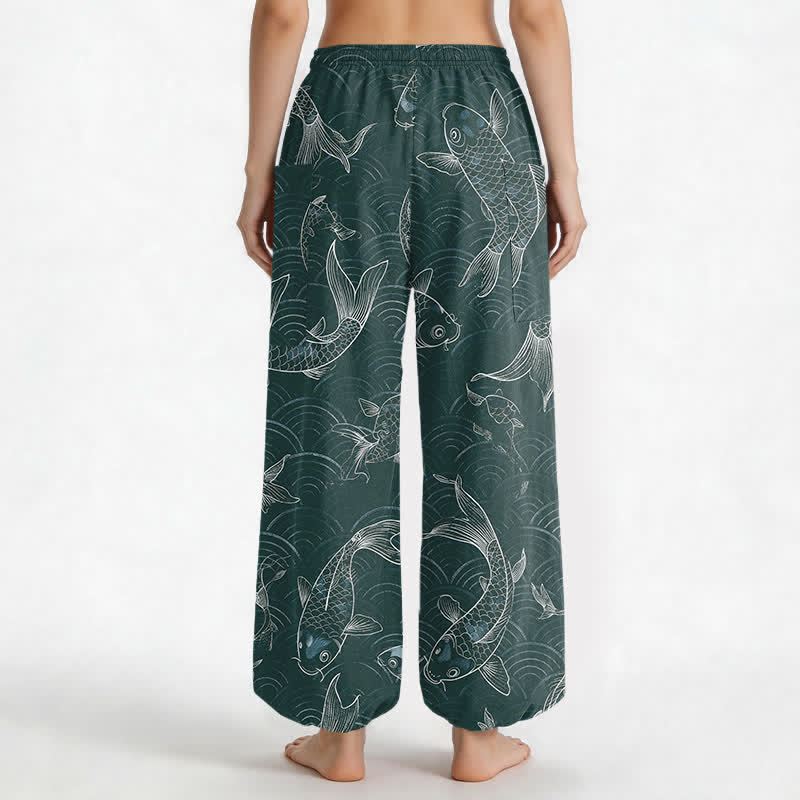Buddha Stones Baumwoll-Haremshose mit Zen-Koi-Ripple-Muster, elastischem Bund und Seitentaschen für Damen - image 12