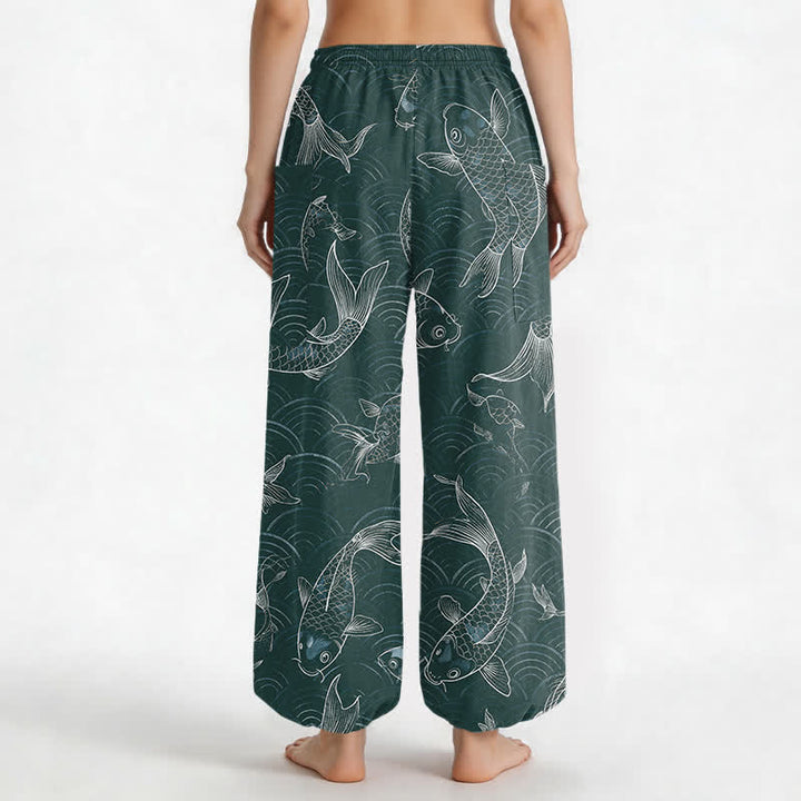 Buddha Stones Baumwoll-Haremshose mit Zen-Koi-Ripple-Muster, elastischem Bund und Seitentaschen für Damen - image 12