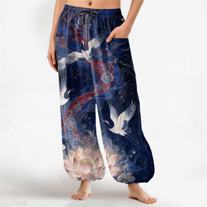 Buddha Stones Baumwoll-Haremshose für Damen mit dekorativem Kranich-Lotus-Muster, elastischem Bund und Seitentaschen - Marine - US16, UK/AU20, EU48 (3XL) - image 7