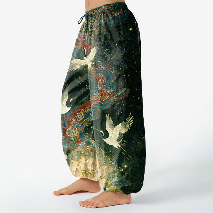 Buddha Stones Baumwoll-Haremshose für Damen mit dekorativem Kranich-Lotus-Muster, elastischem Bund und Seitentaschen - image 11