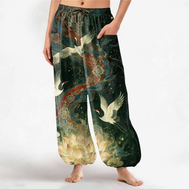 Buddha Stones Baumwoll-Haremshose für Damen mit dekorativem Kranich-Lotus-Muster, elastischem Bund und Seitentaschen - Dunkelgrün - US16, UK/AU20, EU48 (3XL) - image 10