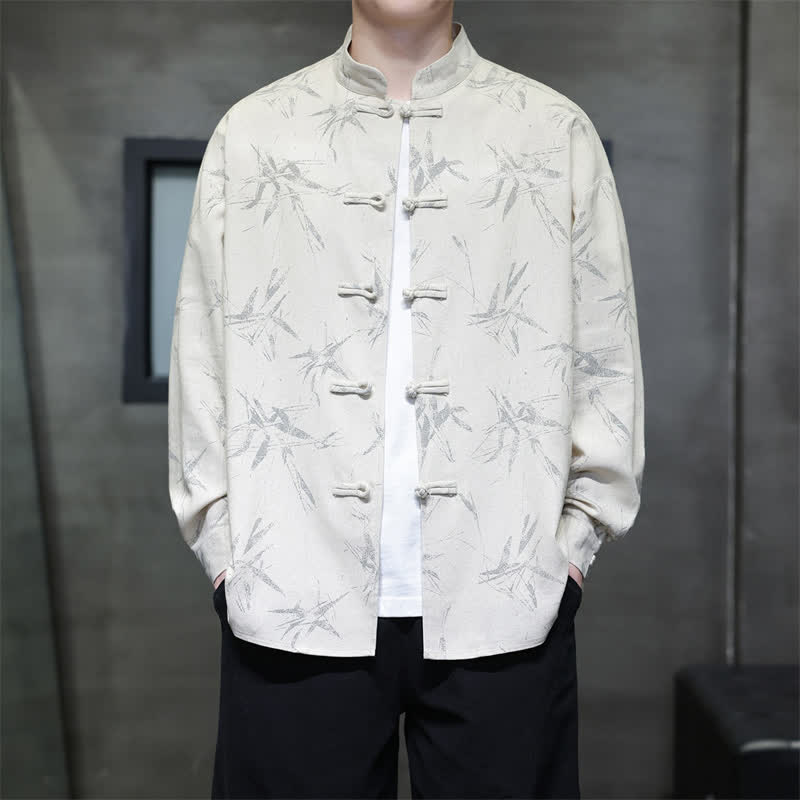 Buddha Stones Lässiges Herren-Langarmhemd im Tang-Stil mit Froschknopfleiste und Bambusprint für den Frühling - Leinen - US/UK/AU46, EU56 (5XL) - image 0