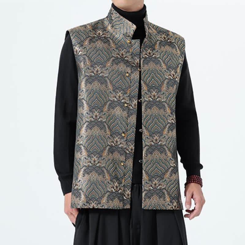 Buddha Stones Elegantes Tanktop im Herbst-Stil mit Stehkragen, Meereswellen- und Blumenmuster, Herrenweste - image 23