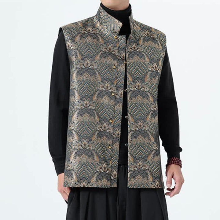 Buddha Stones Elegantes Tanktop im Herbst-Stil mit Stehkragen, Meereswellen- und Blumenmuster, Herrenweste - image 23