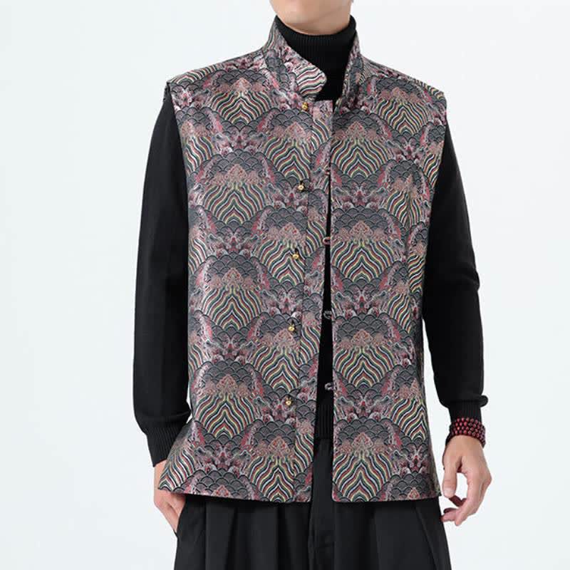 Buddha Stones Elegantes Tanktop im Herbst-Stil mit Stehkragen, Meereswellen- und Blumenmuster, Herrenweste - image 2