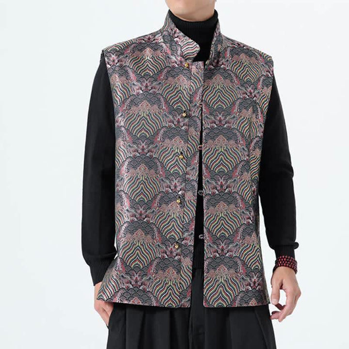 Buddha Stones Elegantes Tanktop im Herbst-Stil mit Stehkragen, Meereswellen- und Blumenmuster, Herrenweste - image 2