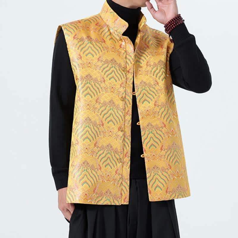 Buddha Stones Elegantes Tanktop im Herbst-Stil mit Stehkragen, Meereswellen- und Blumenmuster, Herrenweste - image 16