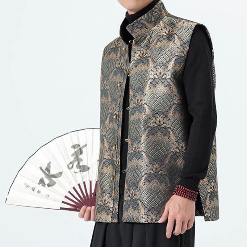 Buddha Stones Elegantes Tanktop im Herbst-Stil mit Stehkragen, Meereswellen- und Blumenmuster, Herrenweste - image 25