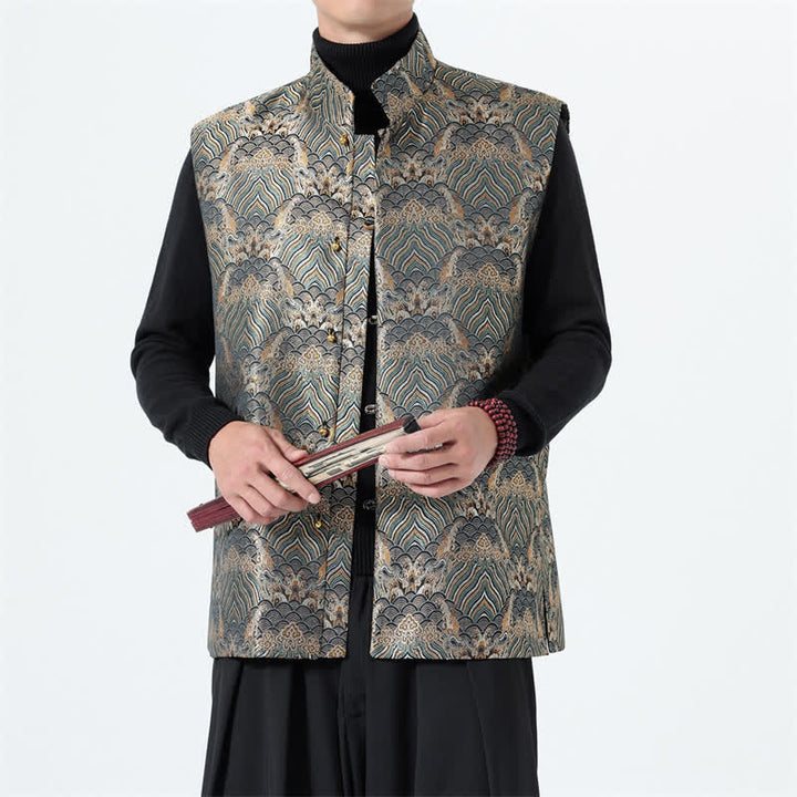 Buddha Stones Elegantes Tanktop im Herbst-Stil mit Stehkragen, Meereswellen- und Blumenmuster, Herrenweste - image 21
